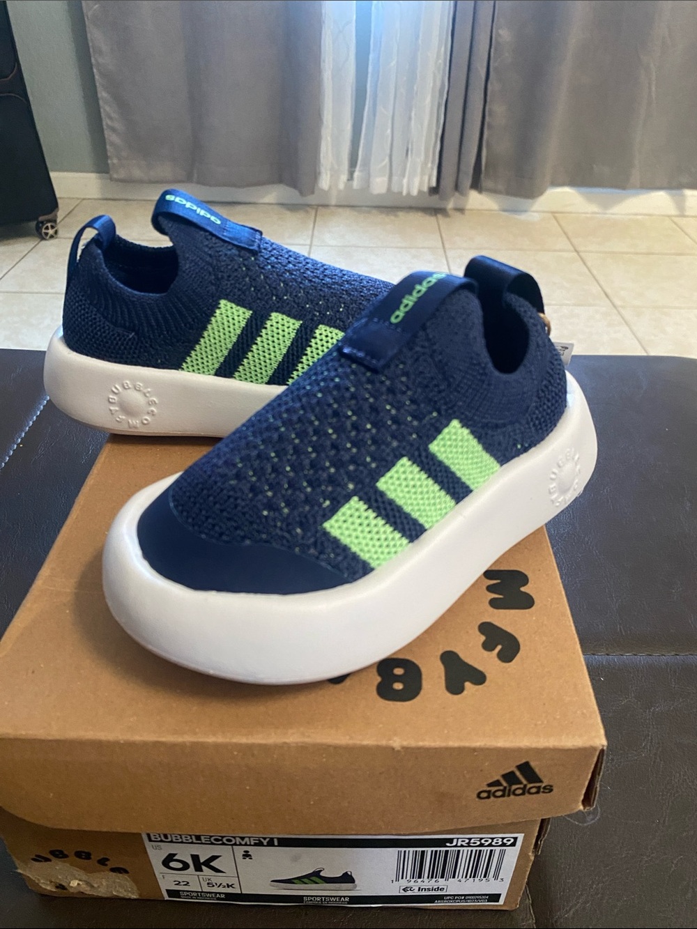 adidas Kids Navy and Lime Slip-On Knit Sneakers